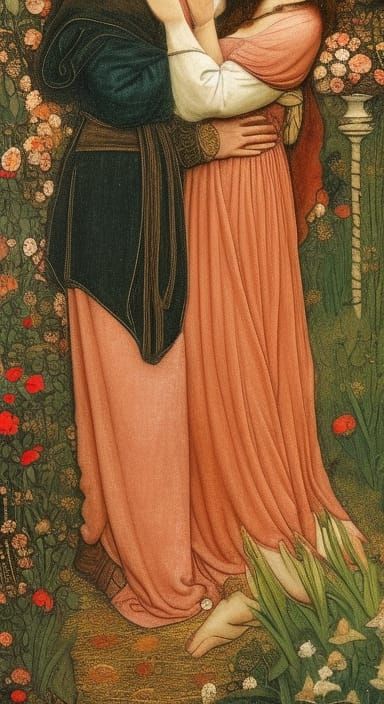 Lancelot and Guinevere in a stolen tender moment, surrounded by a blossoming medieval garden, their expressions a mix of...