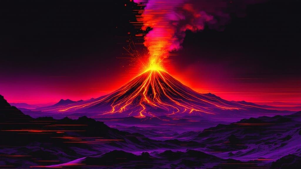Glitchy Volcano Eruption in Vibrant Colors