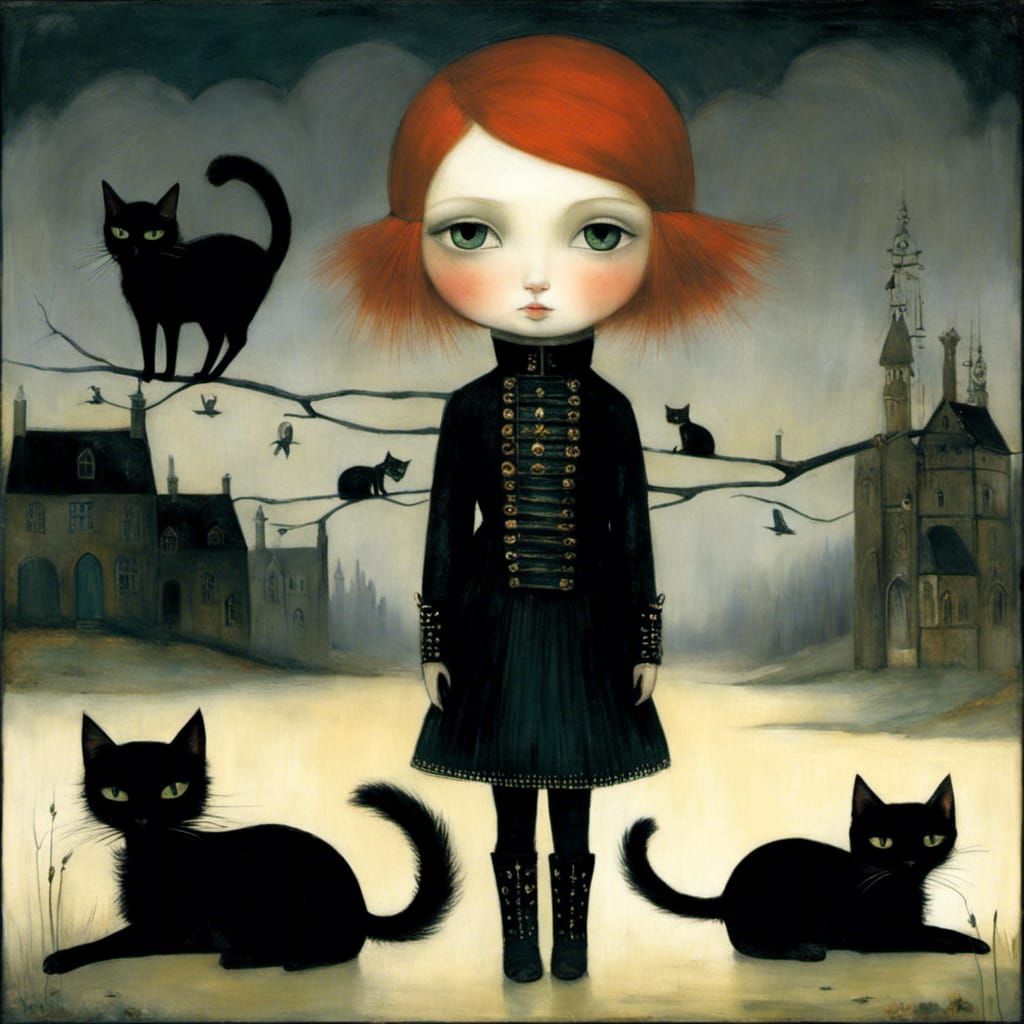 Goth Punk Girl and Cats: Pre-Raphaelite Art