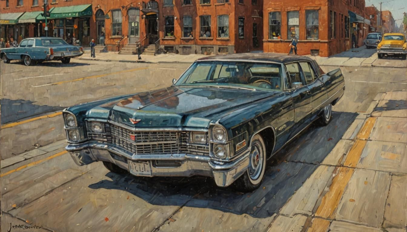 Cadillac Sedan Deville in City, Oil Painting Style