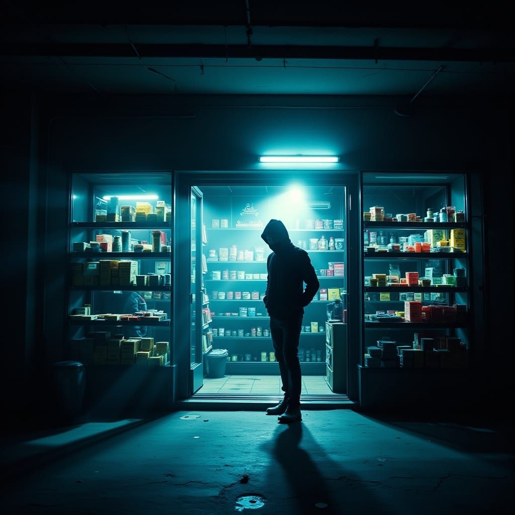 Burglar Illuminates Corner Store with Flashlight