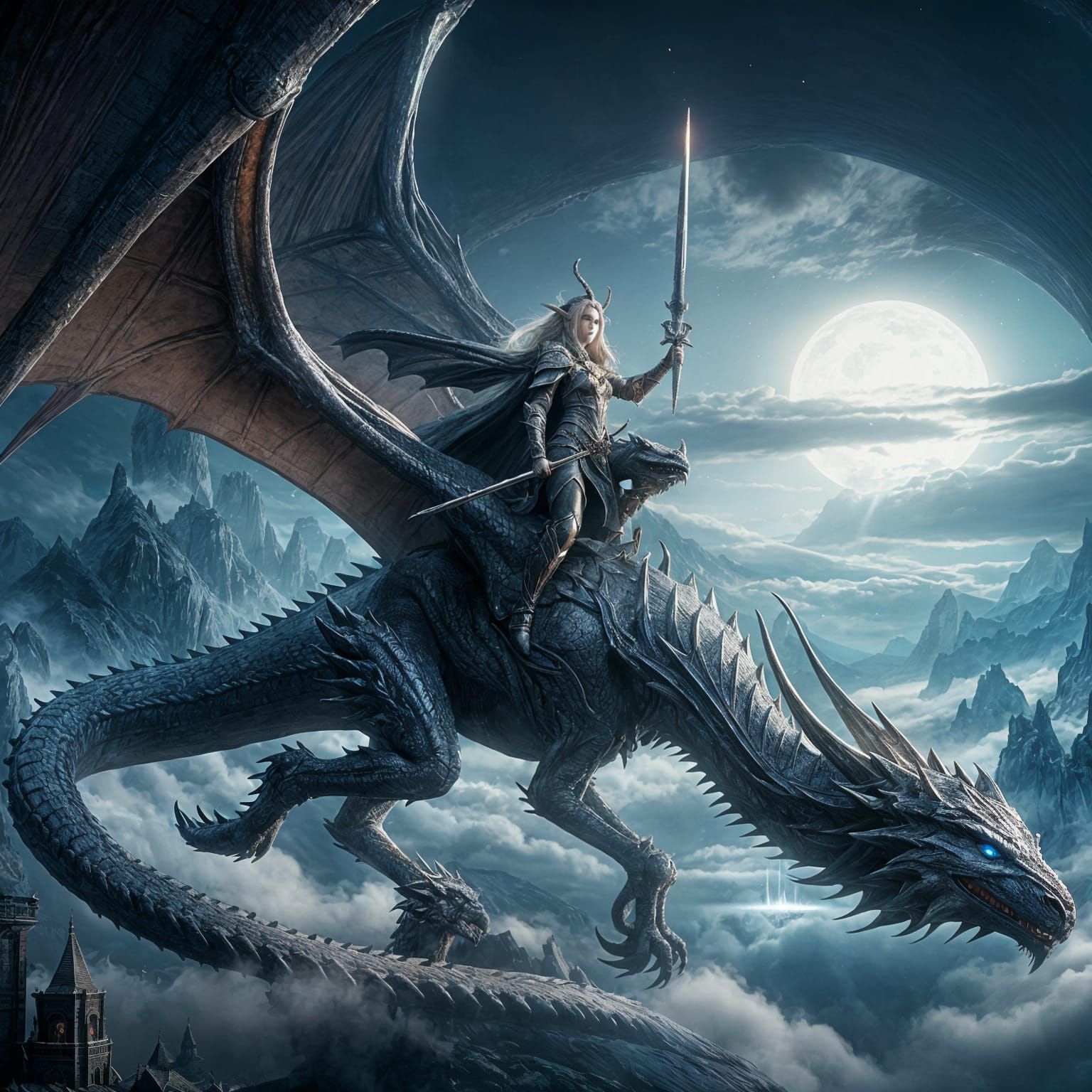 Elven Warrior on Dragon in Ethereal Moonlight