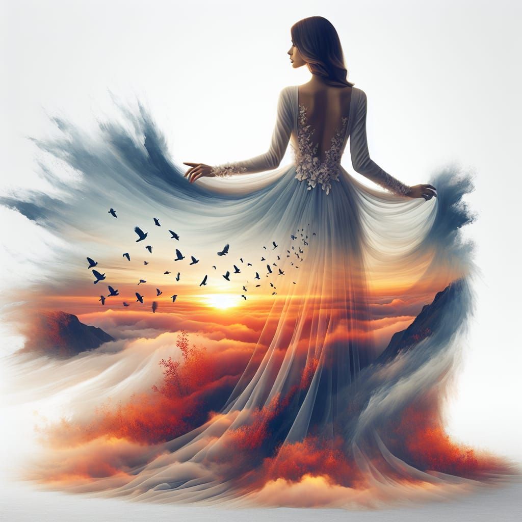 Surreal Woman in Sunset Landscape: Fantasy Concept Art