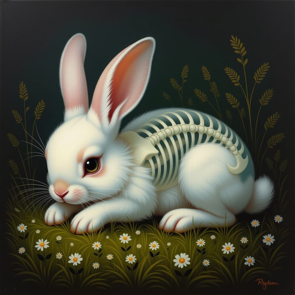 Eerie Macabre Sleeping Rabbit Oil Painting