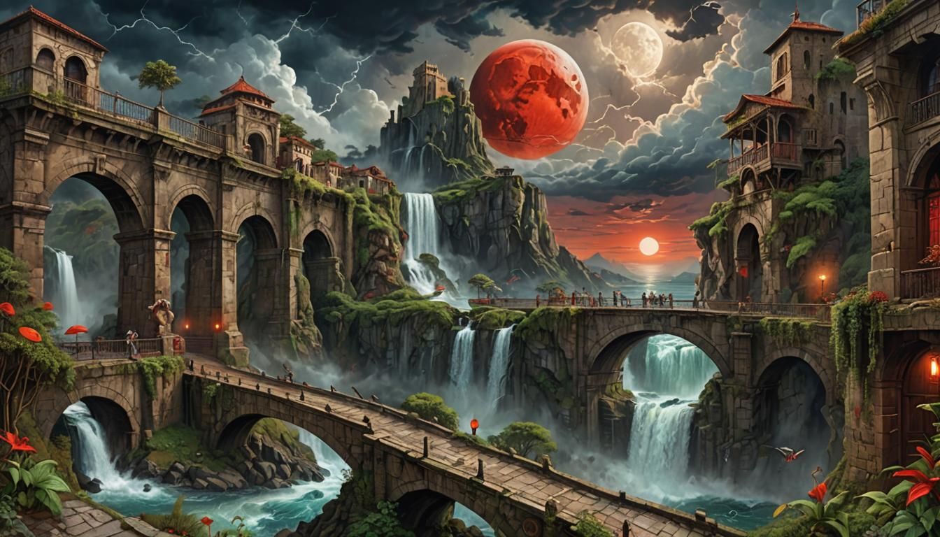 Surreal Renaissance Landscape with Mechanical Chariot in 3D