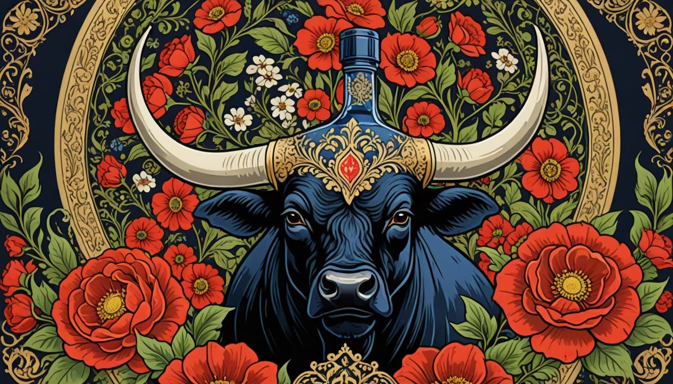 Traditional Palekh Art Vodka Label Features a Bull Amidst Fl...