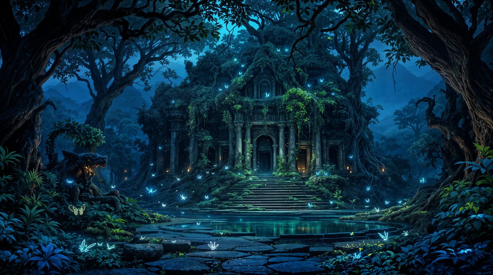 Mystical Bioluminescent Temple in Ancient Jungle