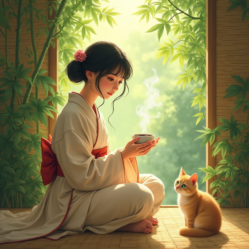 Woman in Cozy Bamboo Inn Surrounded by Nature