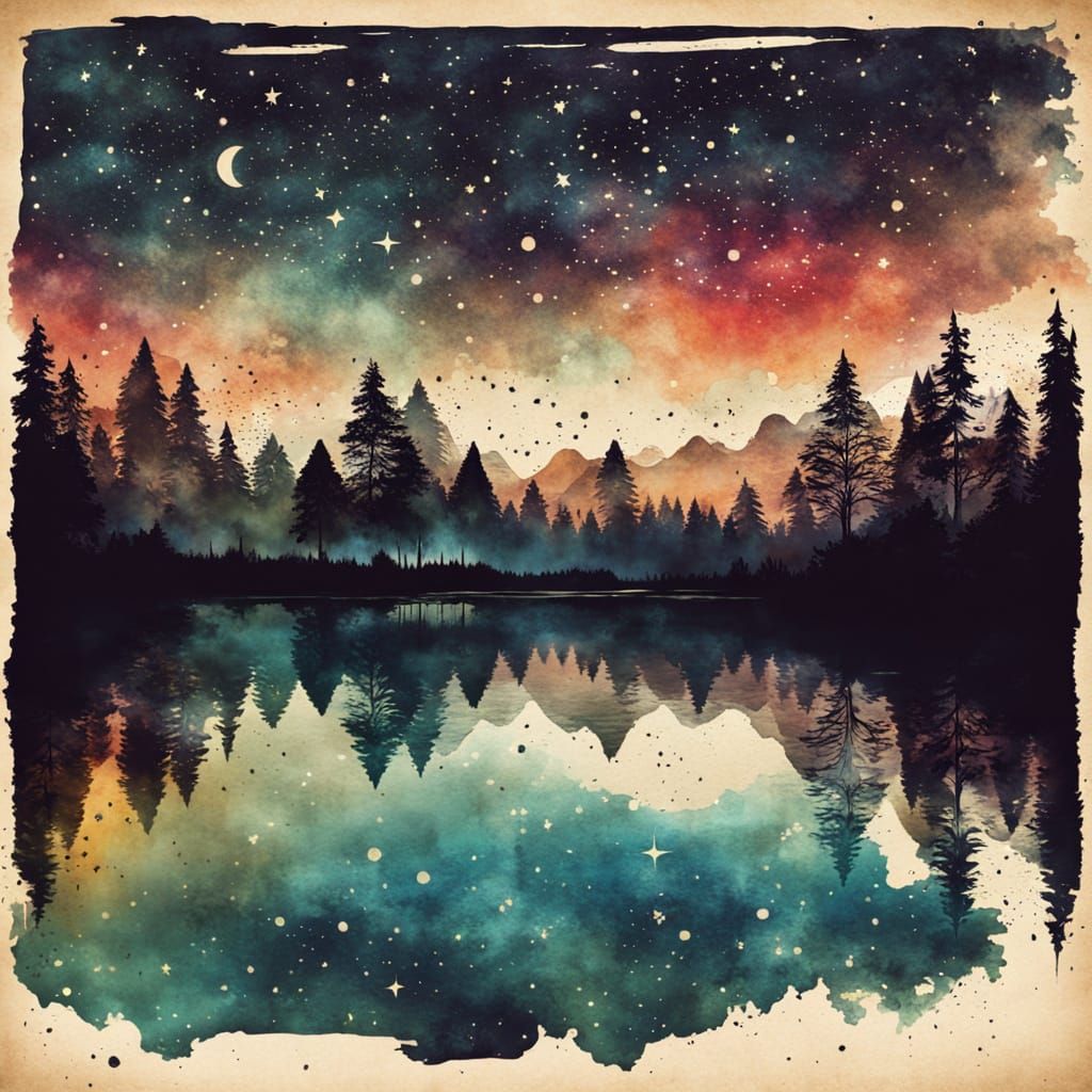 Starry Sky Reflection in Vintage Ink Painting