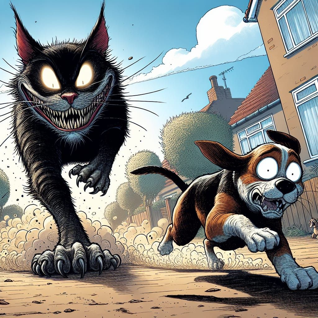 Feline Fury: Digitally Textured Cat Chases Dog