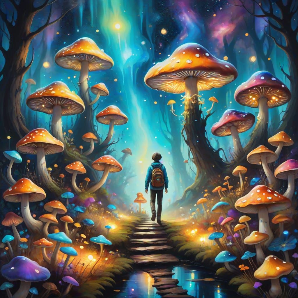 Whimsical Fantasy Landscape with Glowing Mushrooms and Stars
