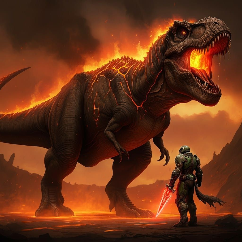 Demonic T-Rex Roars in Hellish Battlefield