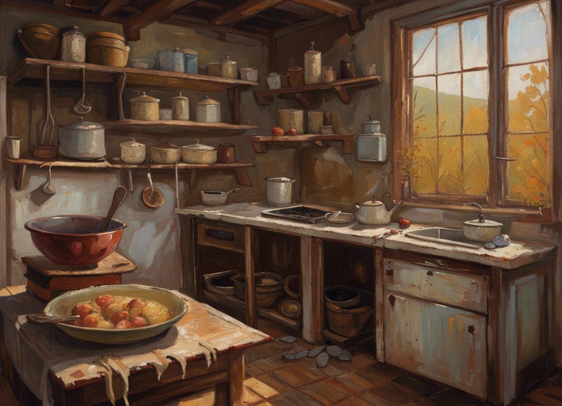Sentient Abandoned Kitchen: Oil Painting by James Gurney