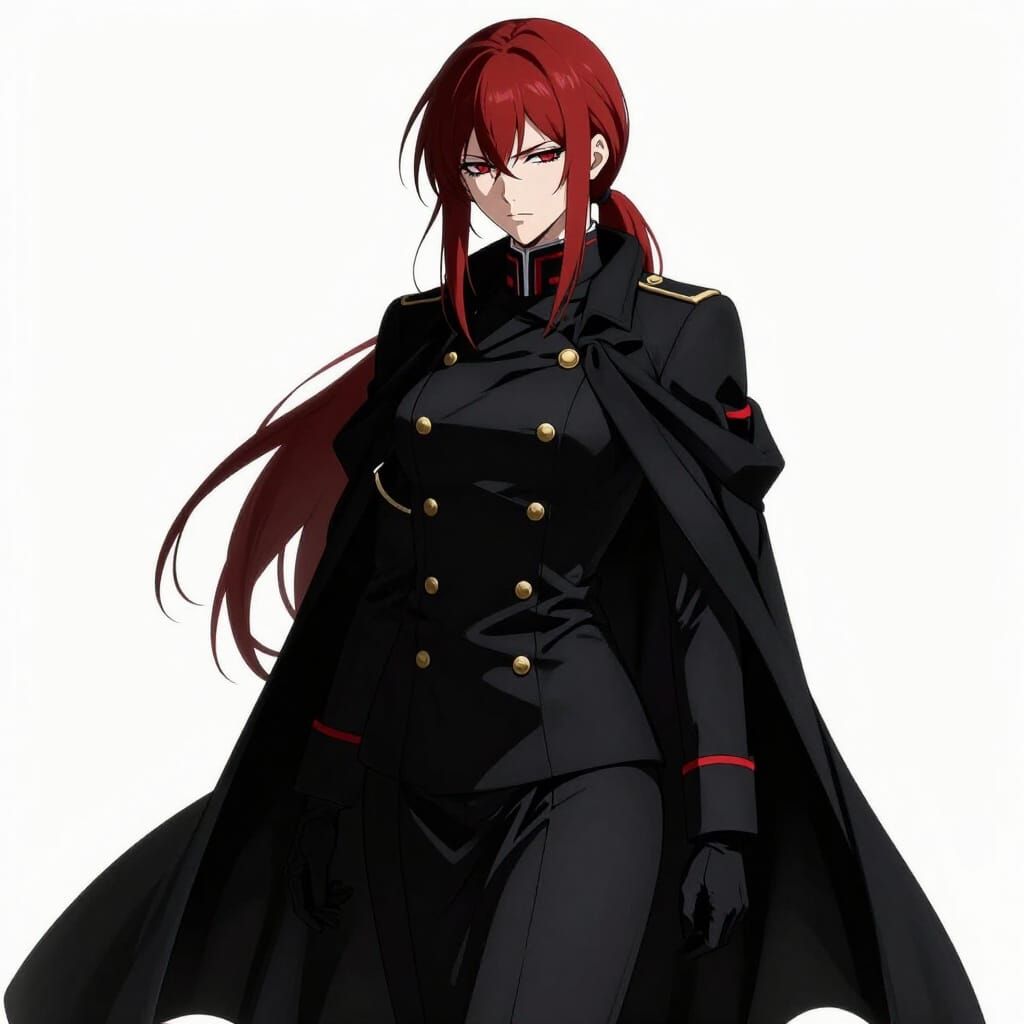 Dark Anime Portrait of Red-Haired Woman in Military Uniform