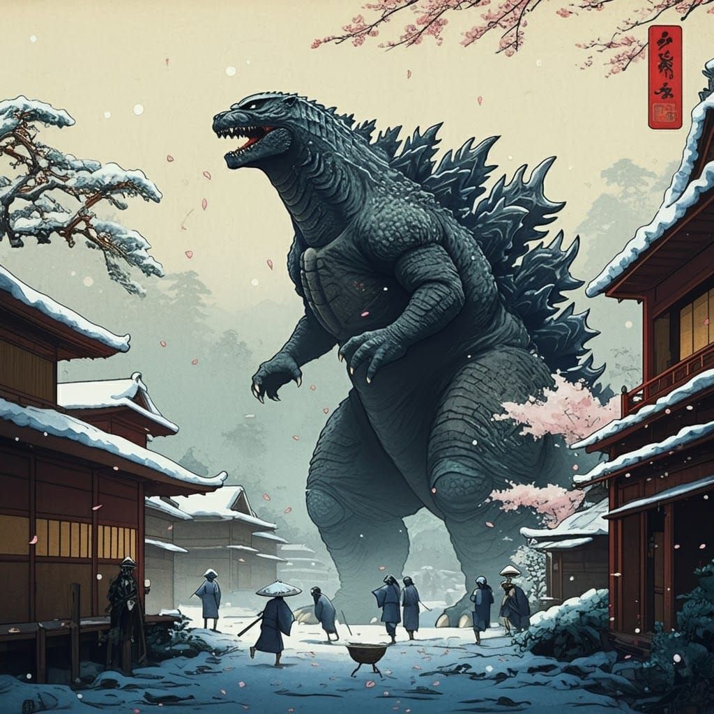 Godzilla Rampage in Ukiyo-e Style