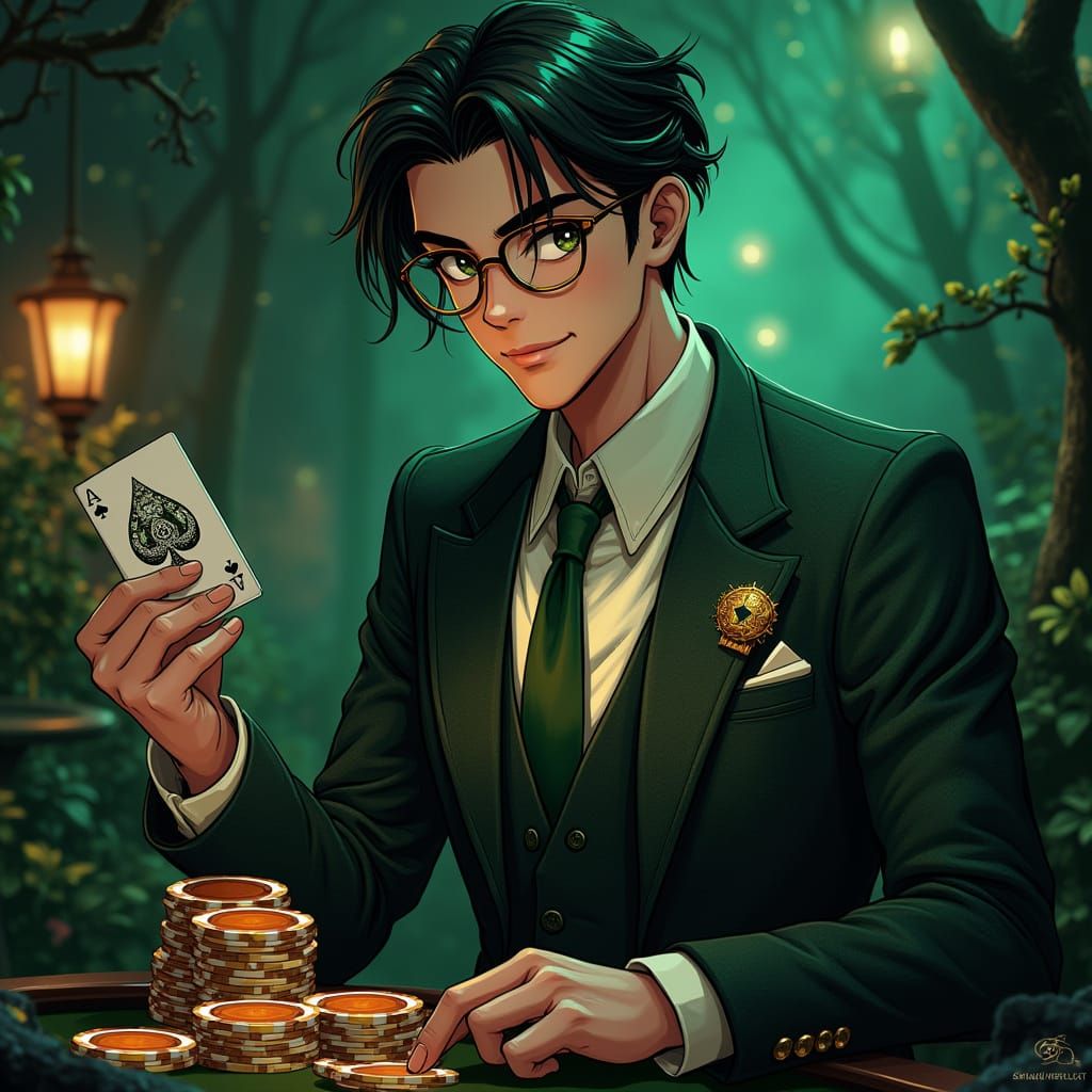 Steampunk Poker Player in Forest Casino, 3D Anime Art