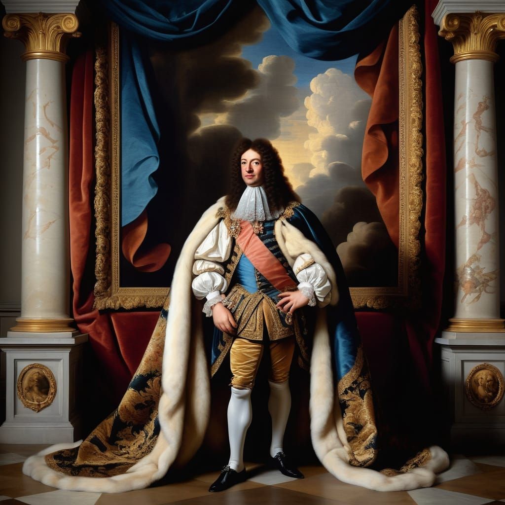 Baroque King Louis XIV in Opulent Courtroom