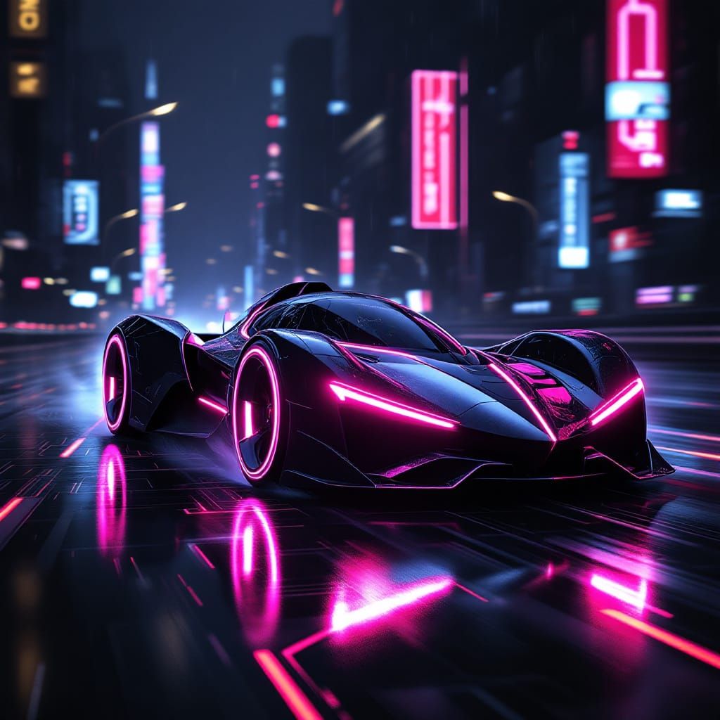 Neon Supercar Speeding Through Rainy Cyberpunk Cityscape