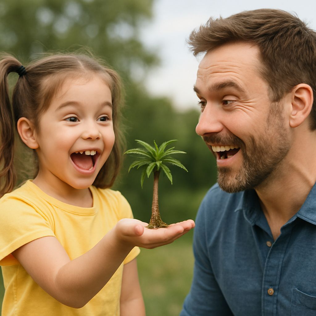 Excited Girl Presents Tiny Palm Tree to Dad