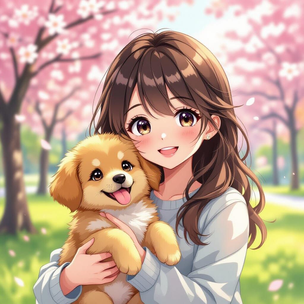 Girl and Golden Retriever Puppy in Cherry Blossom Park