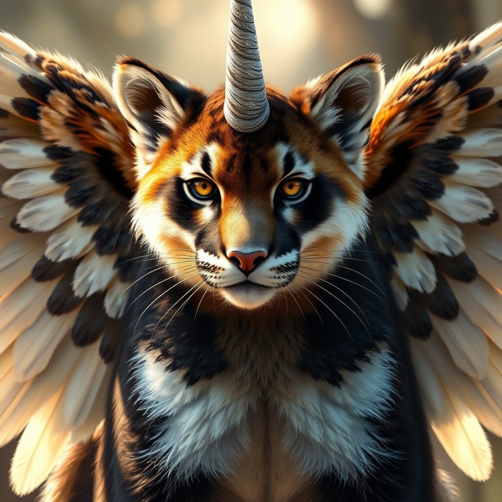 Majestic Cougar-Giant Panda-Falcon Hybrid with Unicorn Horn