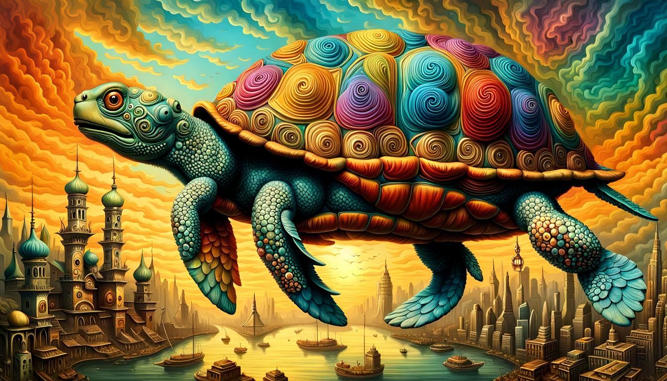 Psychedelic Steampunk Turtle and Pastel Bunny Chase