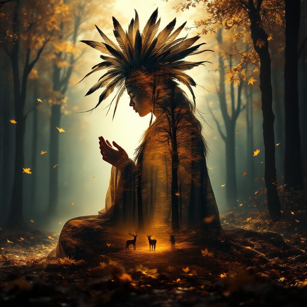Native American Spirit Guide in Autumn Forest Double Exposur...