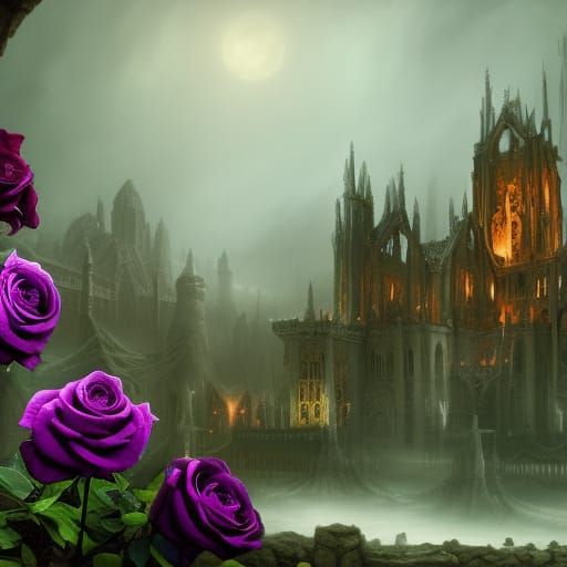 Gothic castle with purple roses.