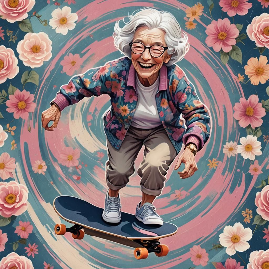Energetic Elderly Woman Skateboarding: Hyperdetailed Digital...