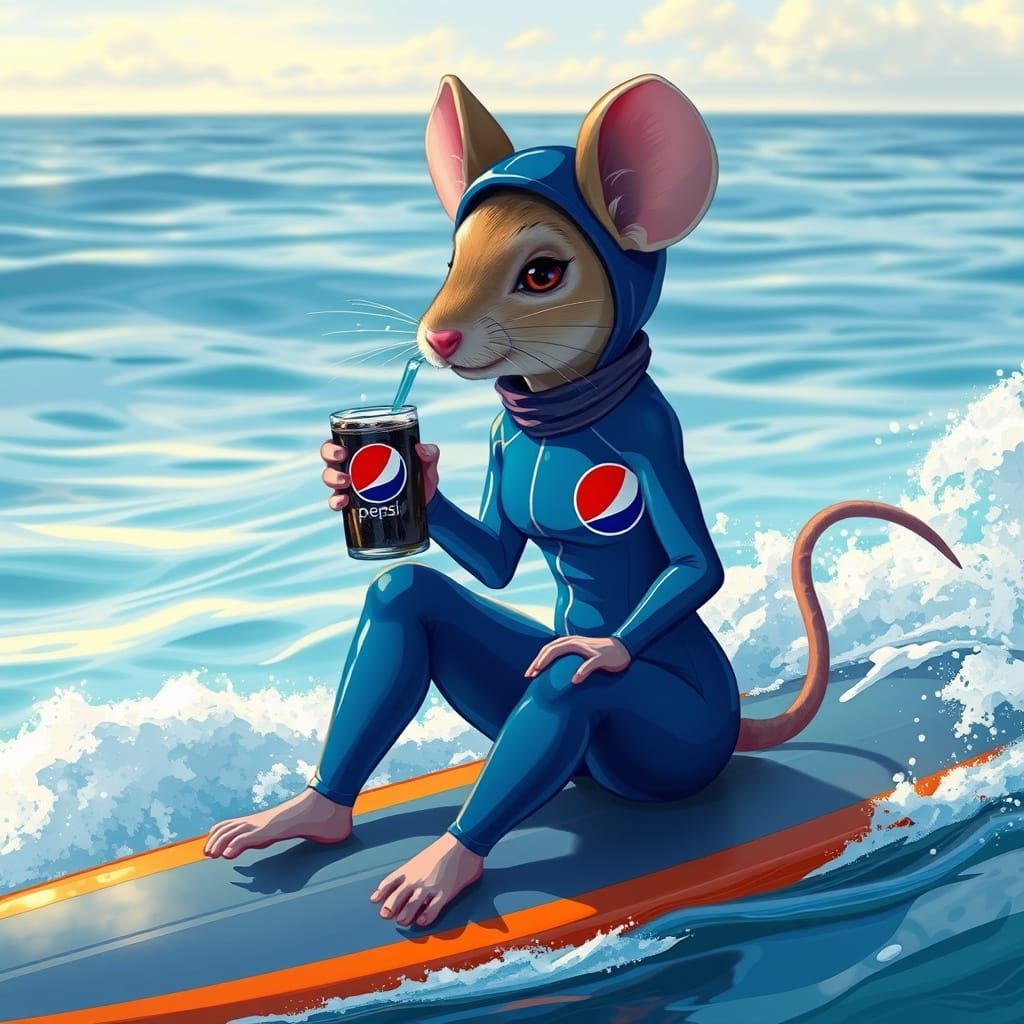 Mouse Surfer Sipping Pepsi: Vibrant Anthropomorphic Art