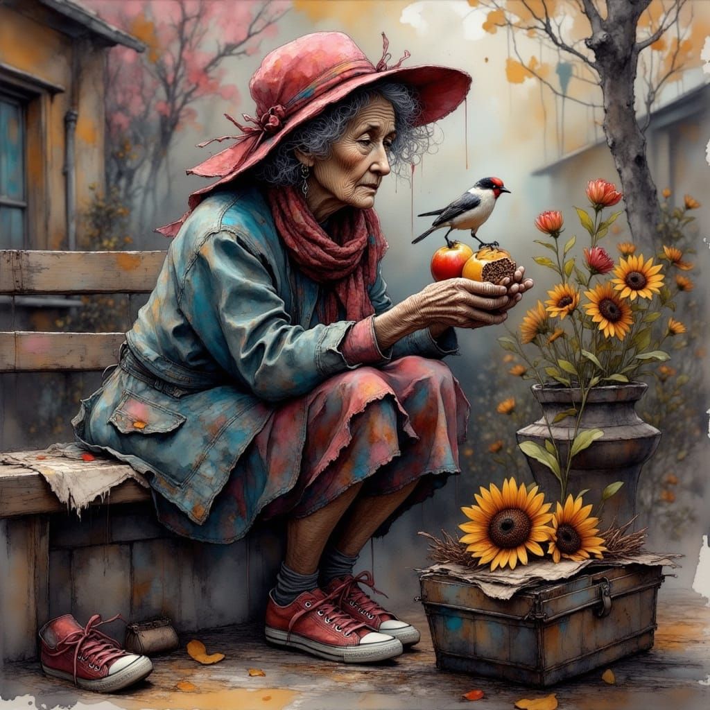 Old Woman Feeding Birds on Bench, Detailed Portrait