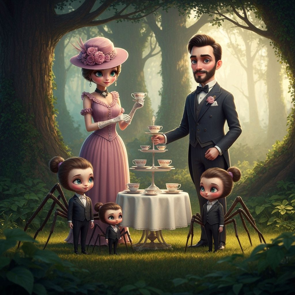 Anthropomorphic Spider Family Enjoying Woodland Tea Party