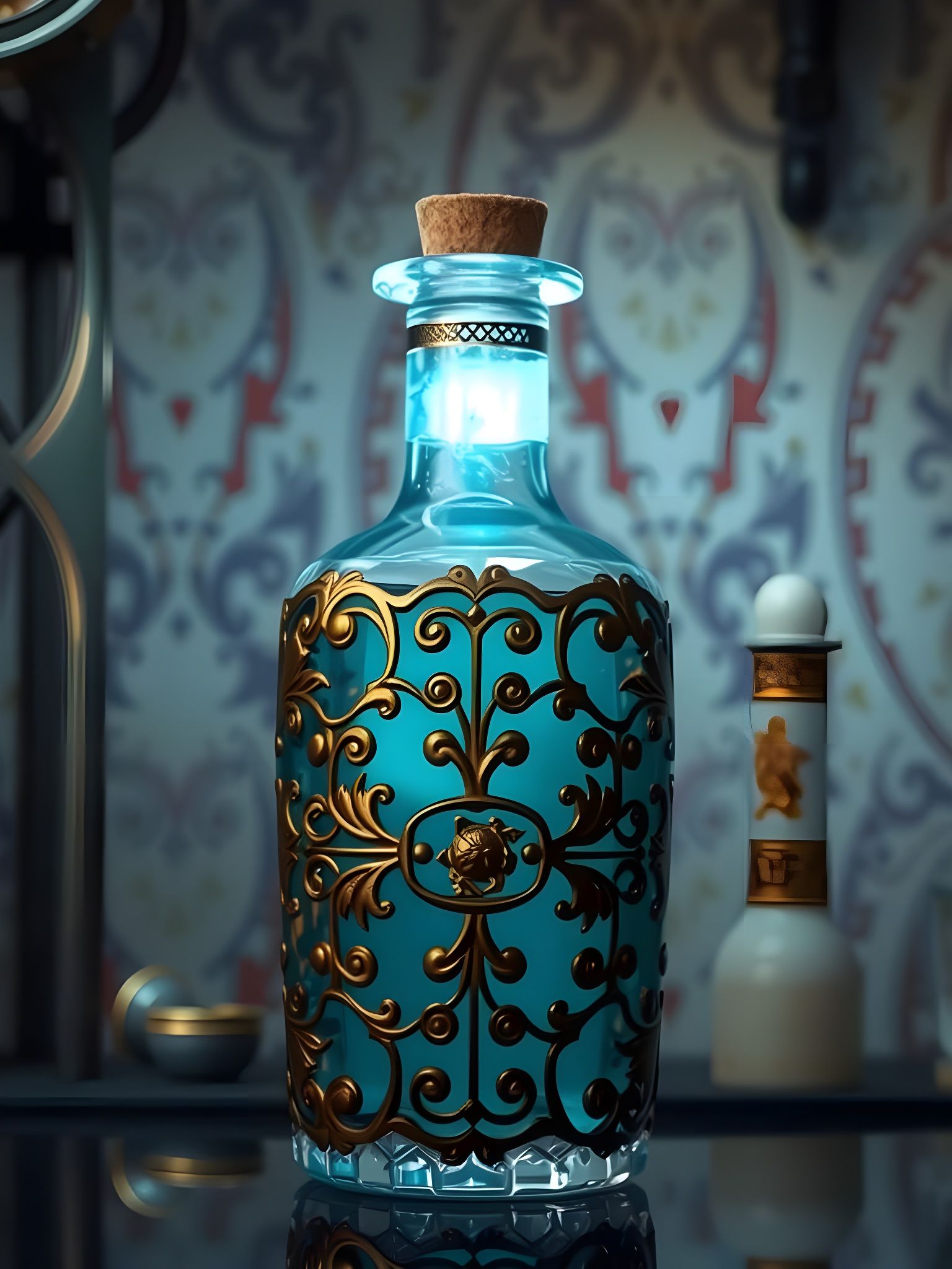 Glowing Blue Potion in Ornate Witch's Cabinet