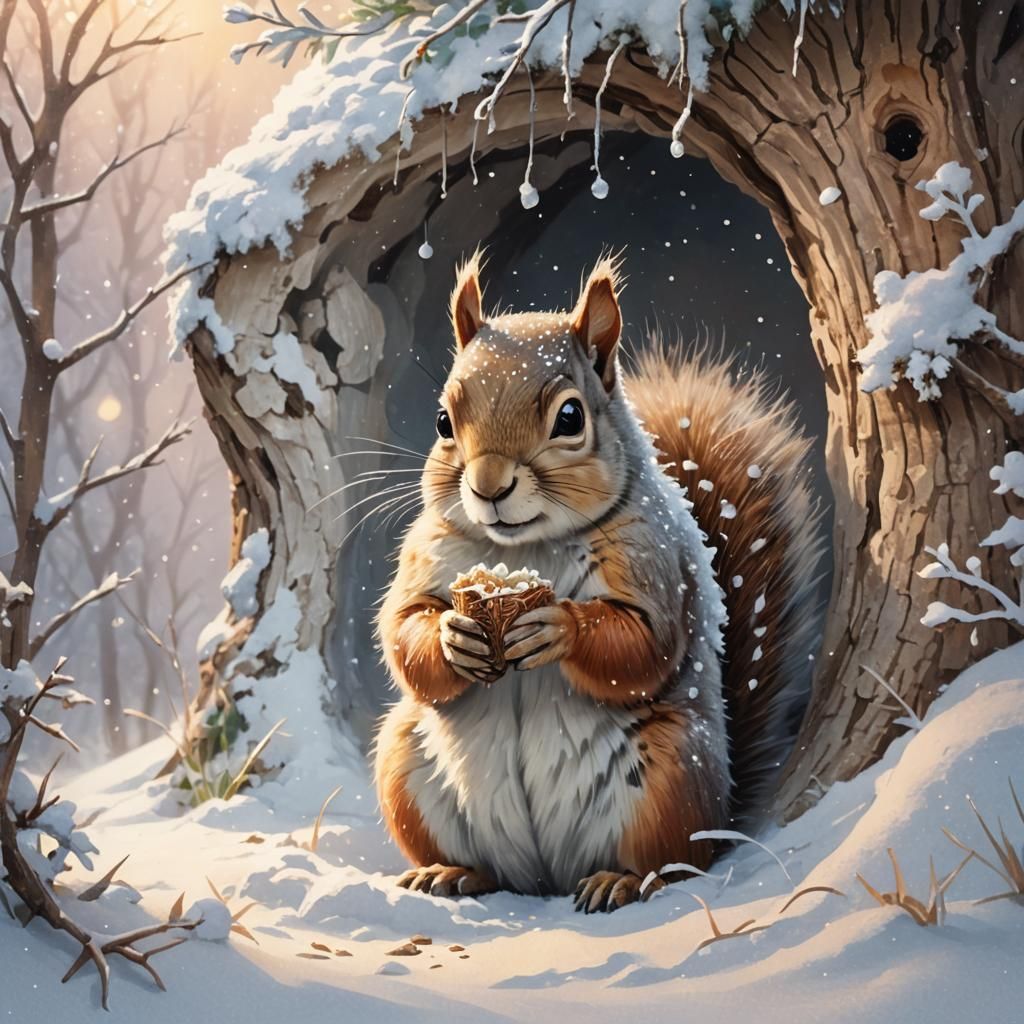 Cozy Burrow: A Winter Squirrel's Nap