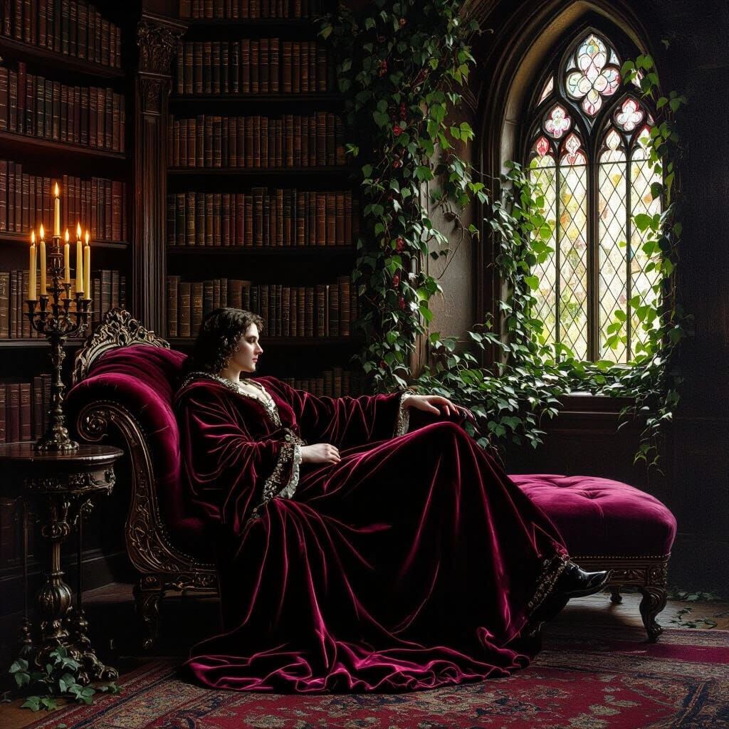 Figure Reclining in Arcane Study, Pre-Raphaelite Style