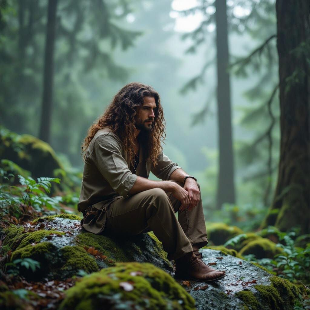 Contemplative Man in Forest, Photorealistic Style