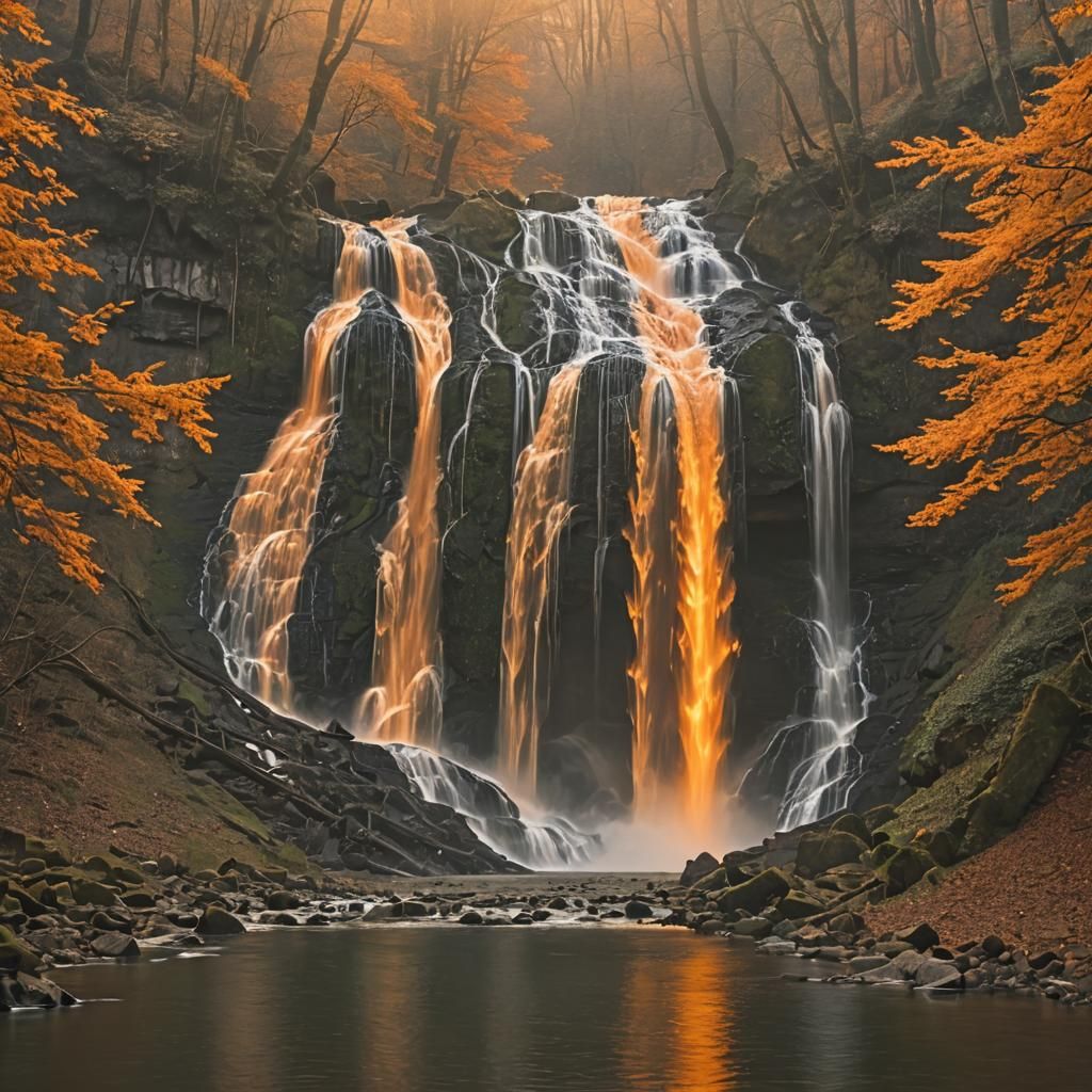 Surreal Waterfall Scene with Floating Tail