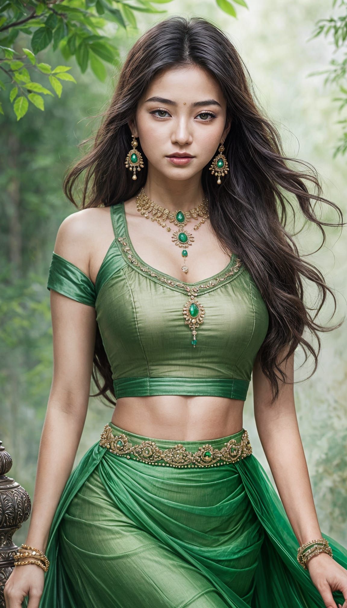 Elegant Korean Beauty in a Green Lehenga