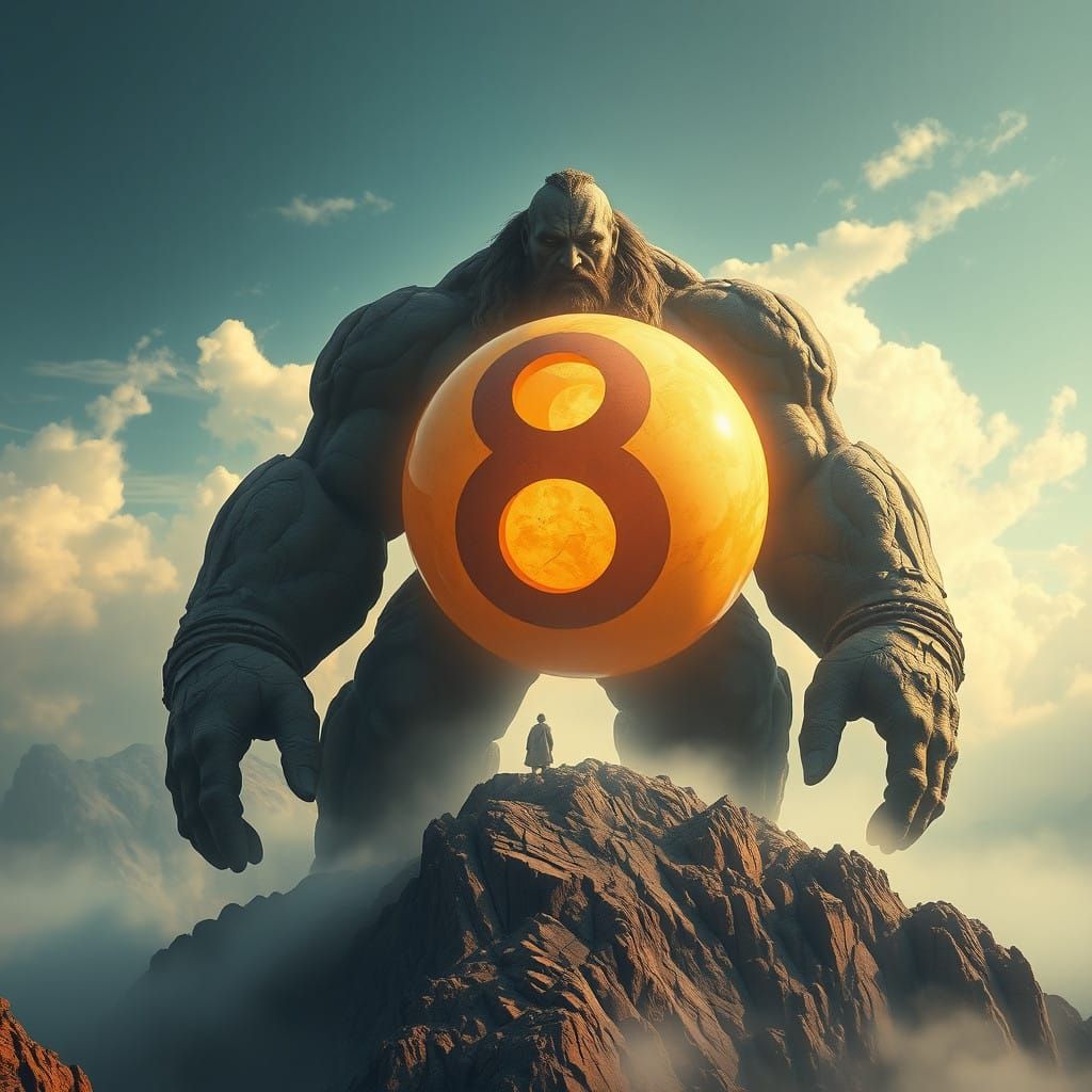 Giant Carries Celestial 8 Ball Up Misty Mountain