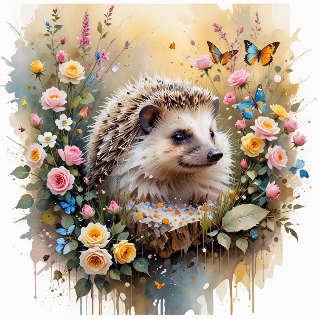 Hedgehog in Cozy Garden with Watercolor Splashes