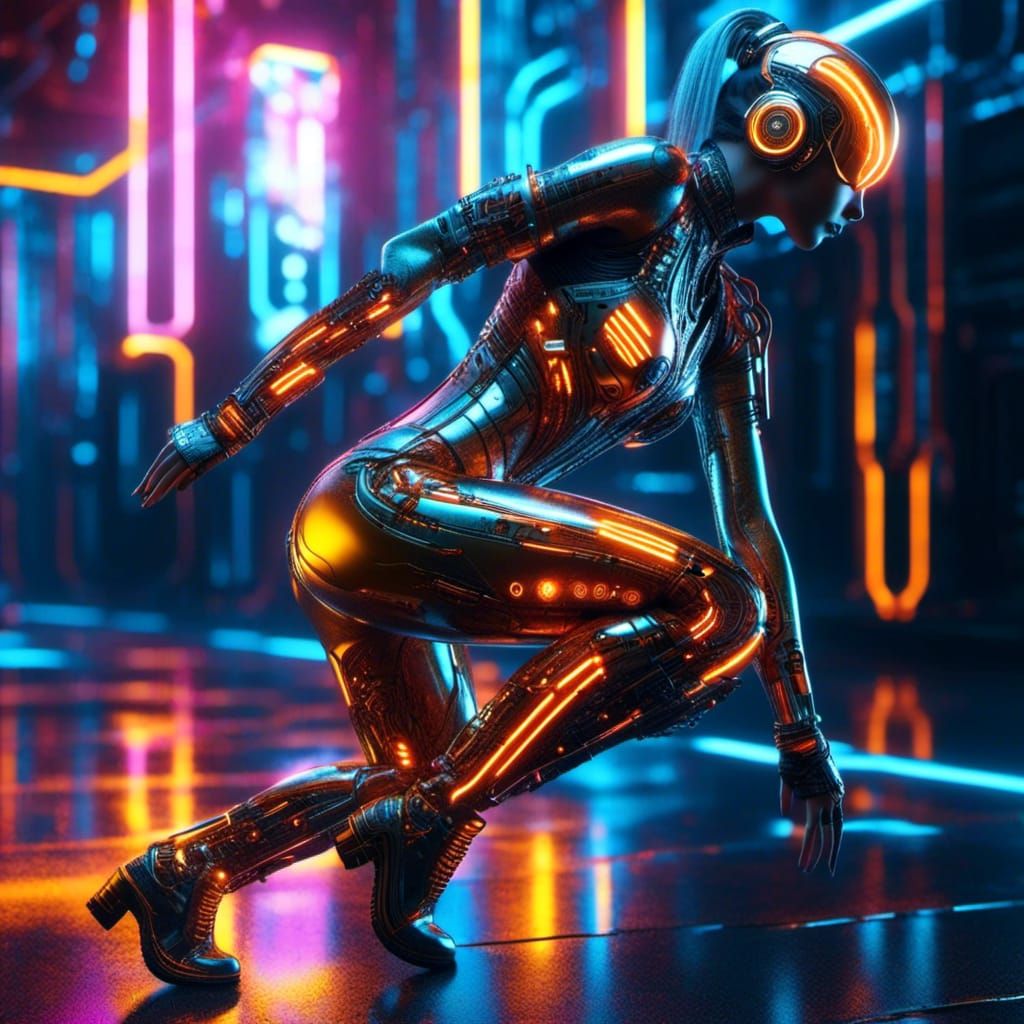 Cyberpunk Cyborg Woman Sprinting in Metallic Biomechscape
