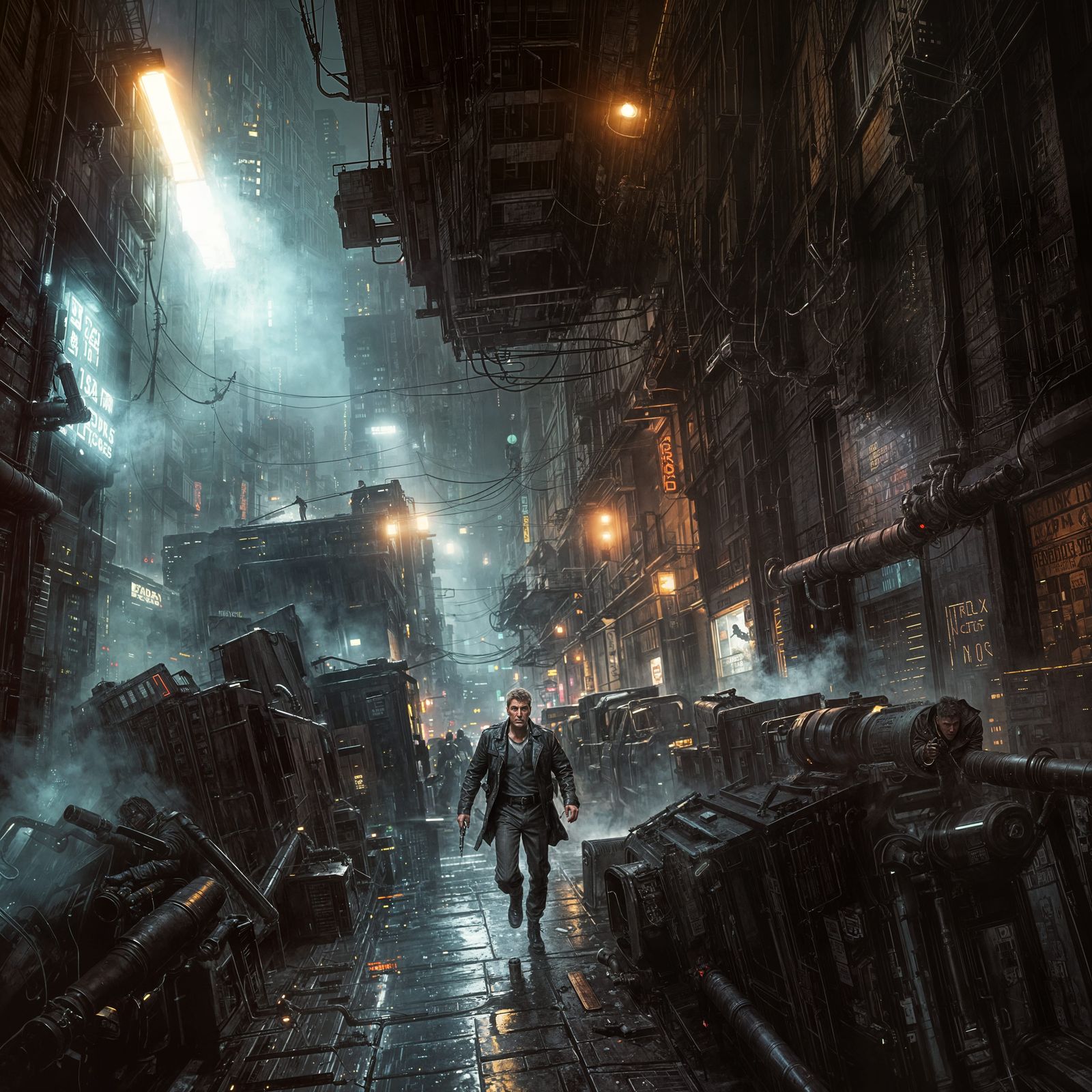 Cyberpunk Alley Chase in Noir Style