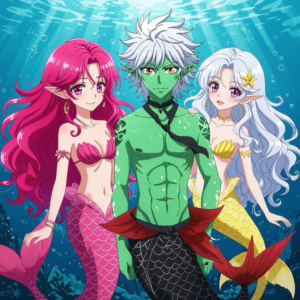 Anime Merman and Mermaid Trio in the Sea