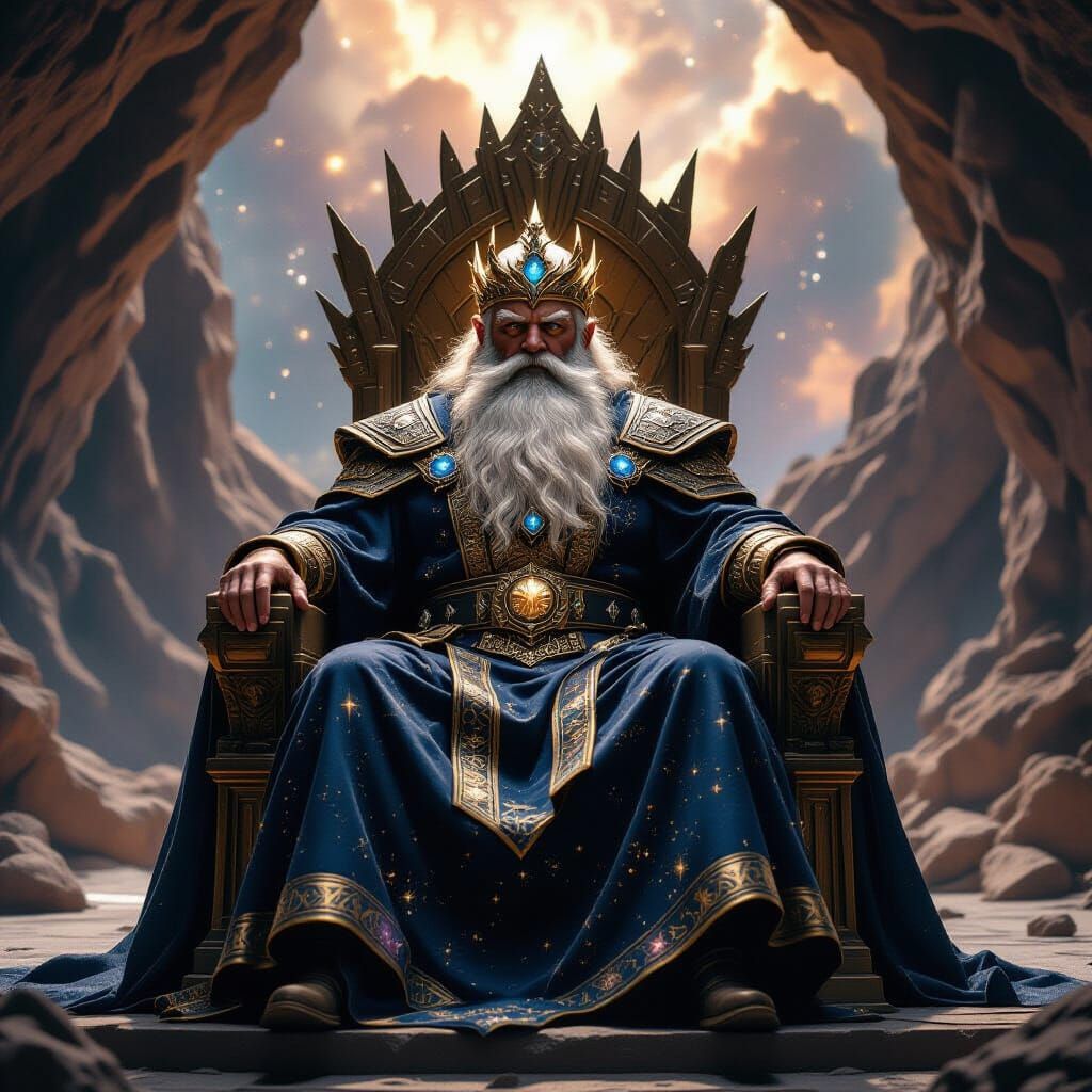 Ancient Dwarf King on Comet Throne in Galactic Throne Room