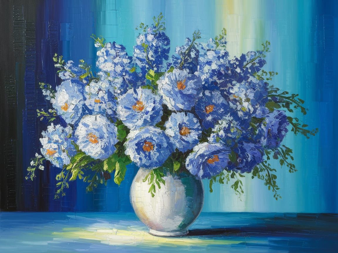 Blue Bouquet in White Vase: Impressionist Painting