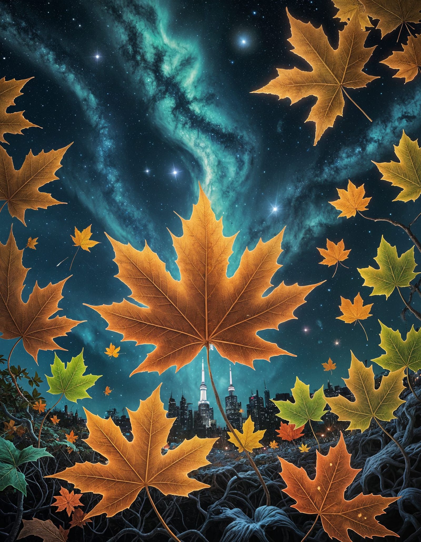 Surreal Quantum Dreamscape: Cosmic Maple Leaf in Orbit