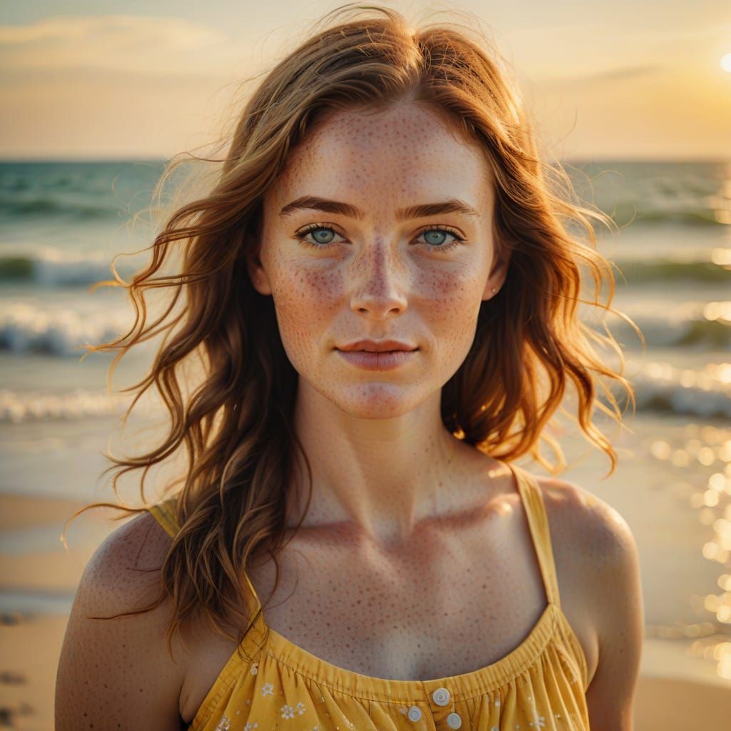 Woman in Yellow Sundress on Beach: Impressionist Portrait