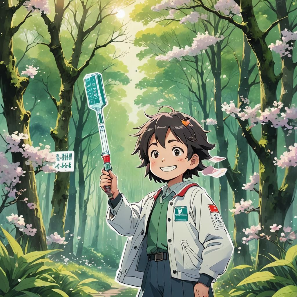 Whimsical Vaccine Guardian in a Cherry Blossom Forest