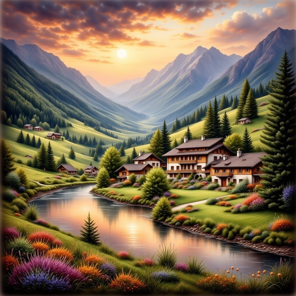 Romantic Swiss River Valley Scene in Warm, Golden Light