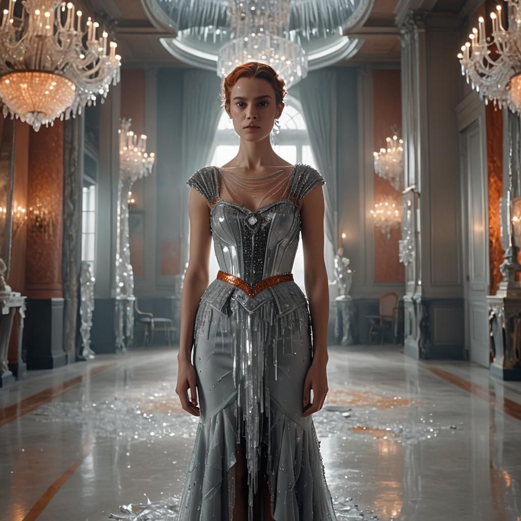 Woman in Crystal Dress in Lavish Ballroom